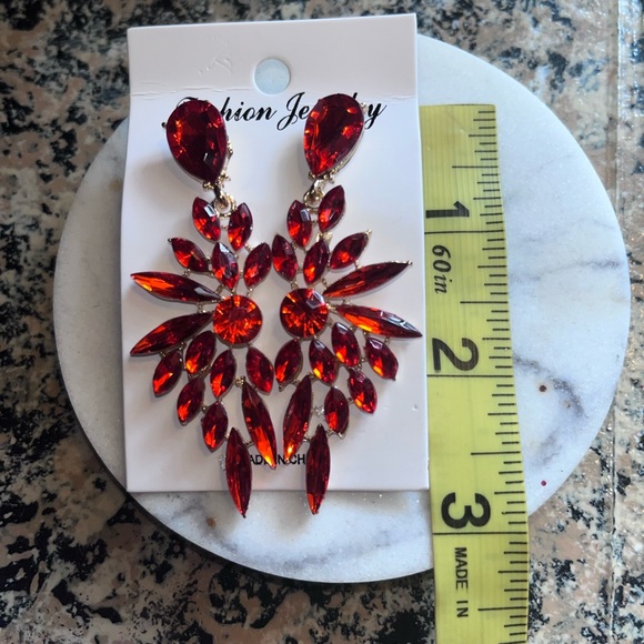 Red Dangling Pierced Earrings - Faux Ruby - Picture 5 of 7